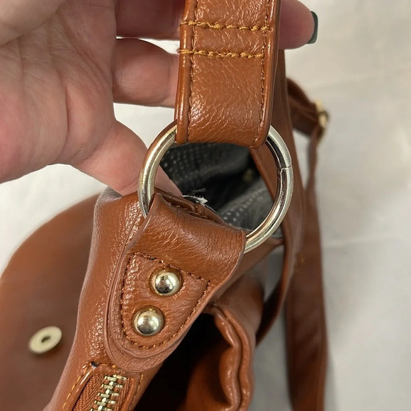 DLG Cognac Brown Faux Leather Saddle Bag Crossbody Purse Adjustable Strap Zips - Picture 11 of 13